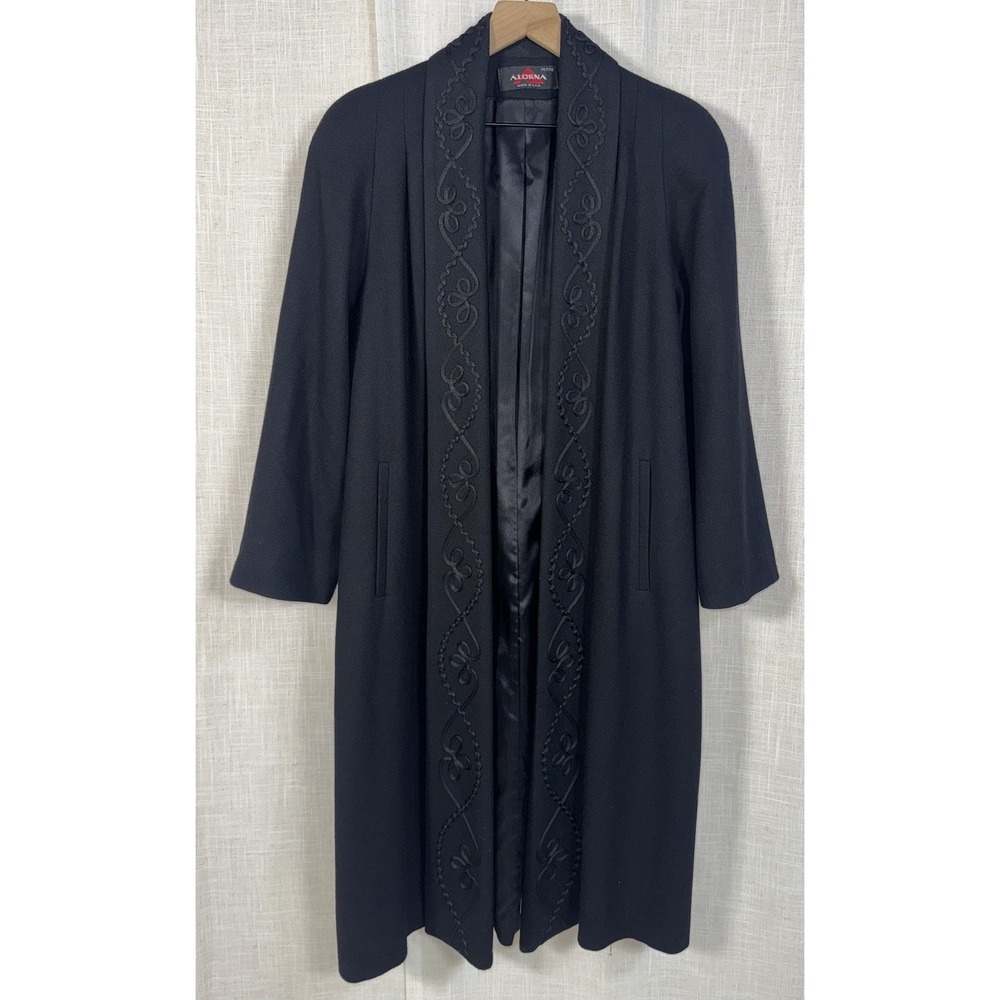 Vintage Alorna Women's Petite Wool Long Black Embellished Trench Coat Whimsygoth